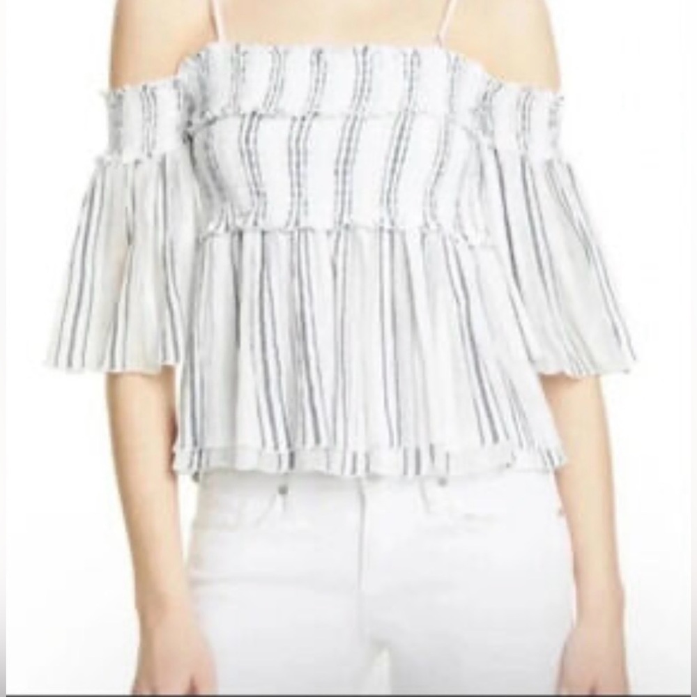 ATM Anthony Thomas Melillo White Striped Off-Shoulder Smocked Crop Top